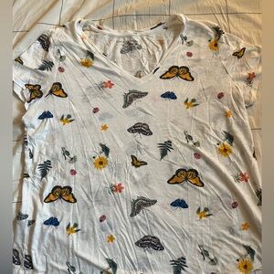Lucky Brand Womens Butterfly Graphic Tshirt XL Floral Short Sleeves V Neck Top